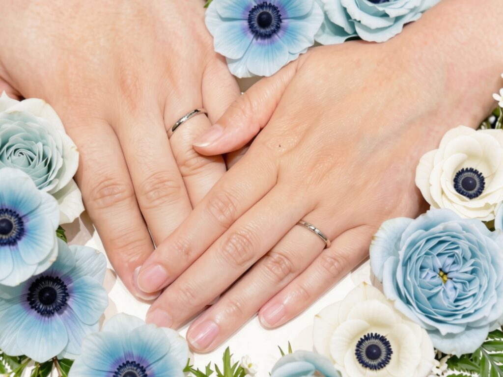安心堂静岡本店でラザールダイヤモンドの結婚指輪「スリーサイドリング」を購入したお客様の着用写真